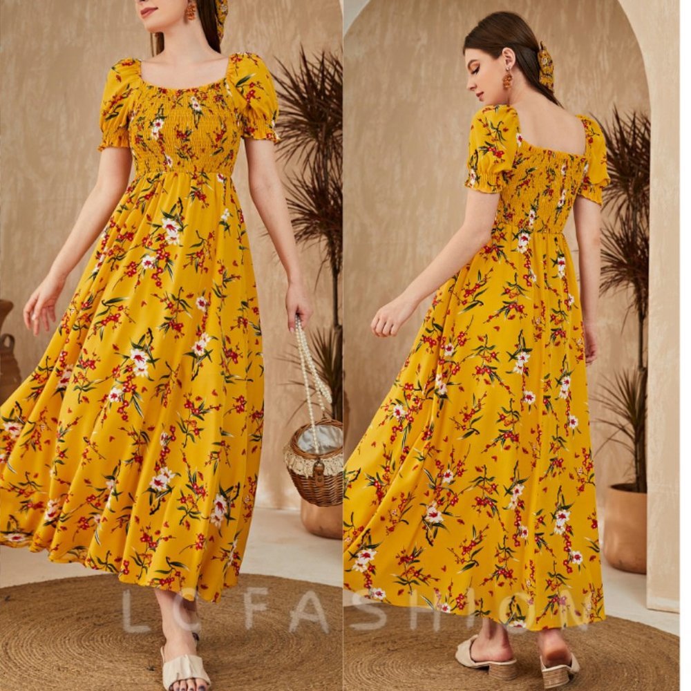 Boho Floral Dress, Floral Square Neck Shirred A-line Dress, Summer dress